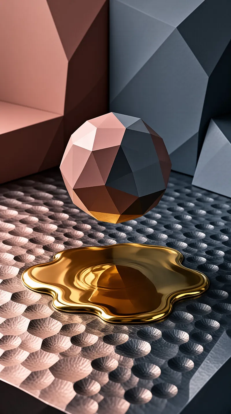 A geometric sphere hovers above a reflective gold puddle on a textured surface with angular architectural walls.