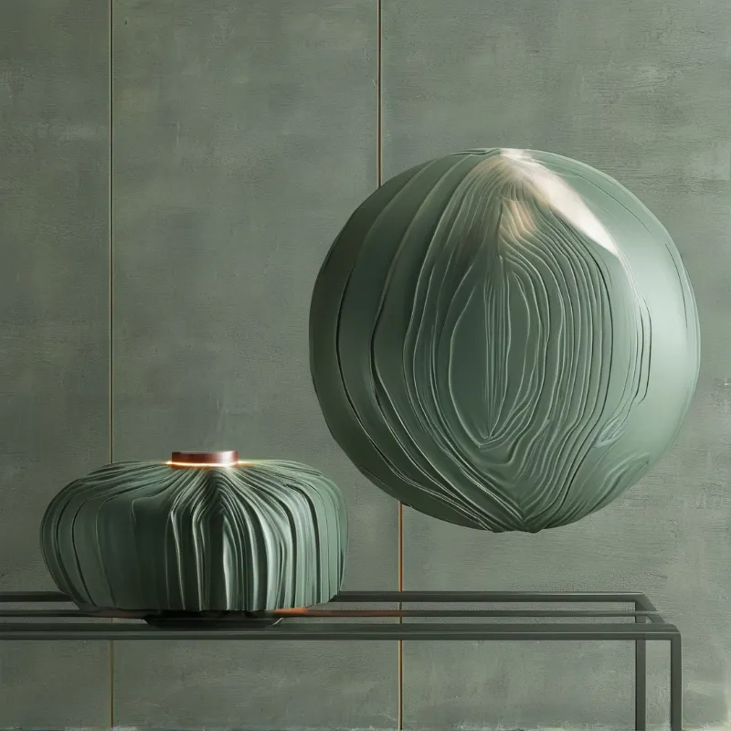 A ribbed spherical form floats above a low pumpkin-like fixture that emits a warm glow on a wire rack.