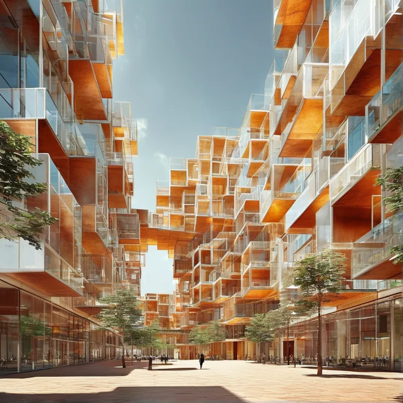 Futuristic buildings with orange balconies and glass railings line a tree-filled street under a clear blue sky.
