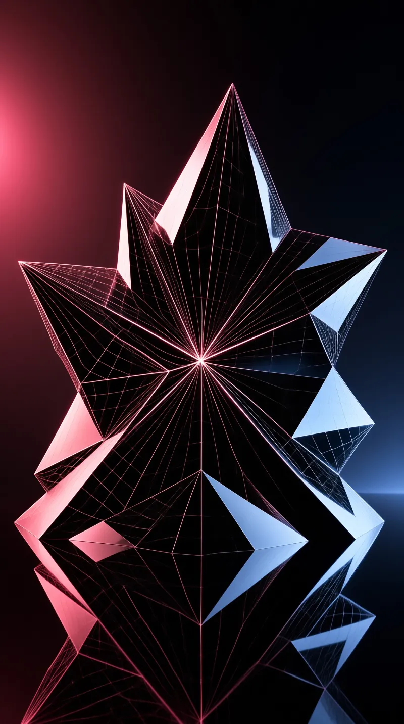 A jagged geometric star floats centrally against a black void with pink and blue neon lighting highlighting its wireframe edges.
