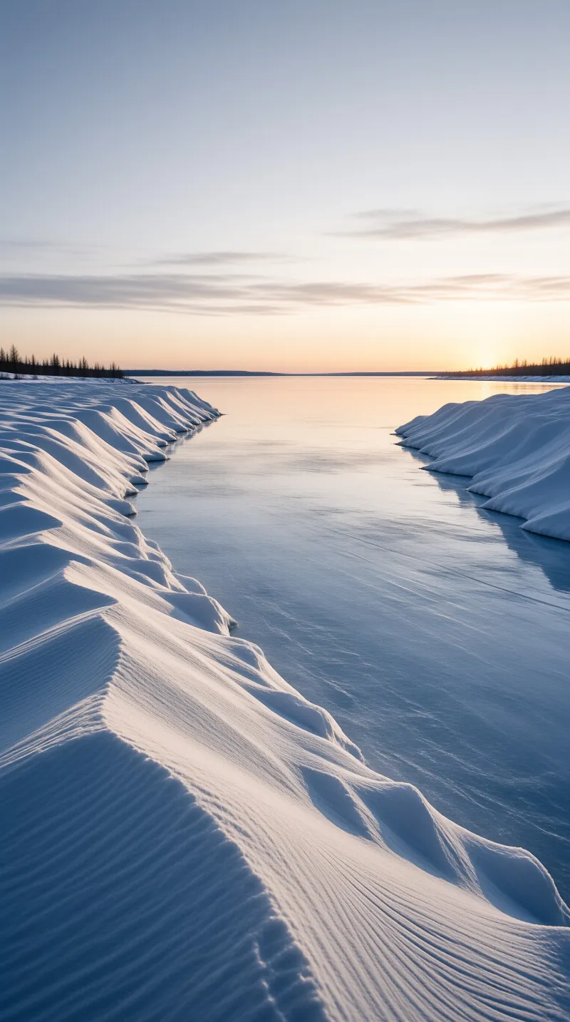 A wide view of a frozen river flowing between high banks of wind-swept snow, with the low sun casting a warm orange glow on the horizon and blue shadows across the textured ice surface