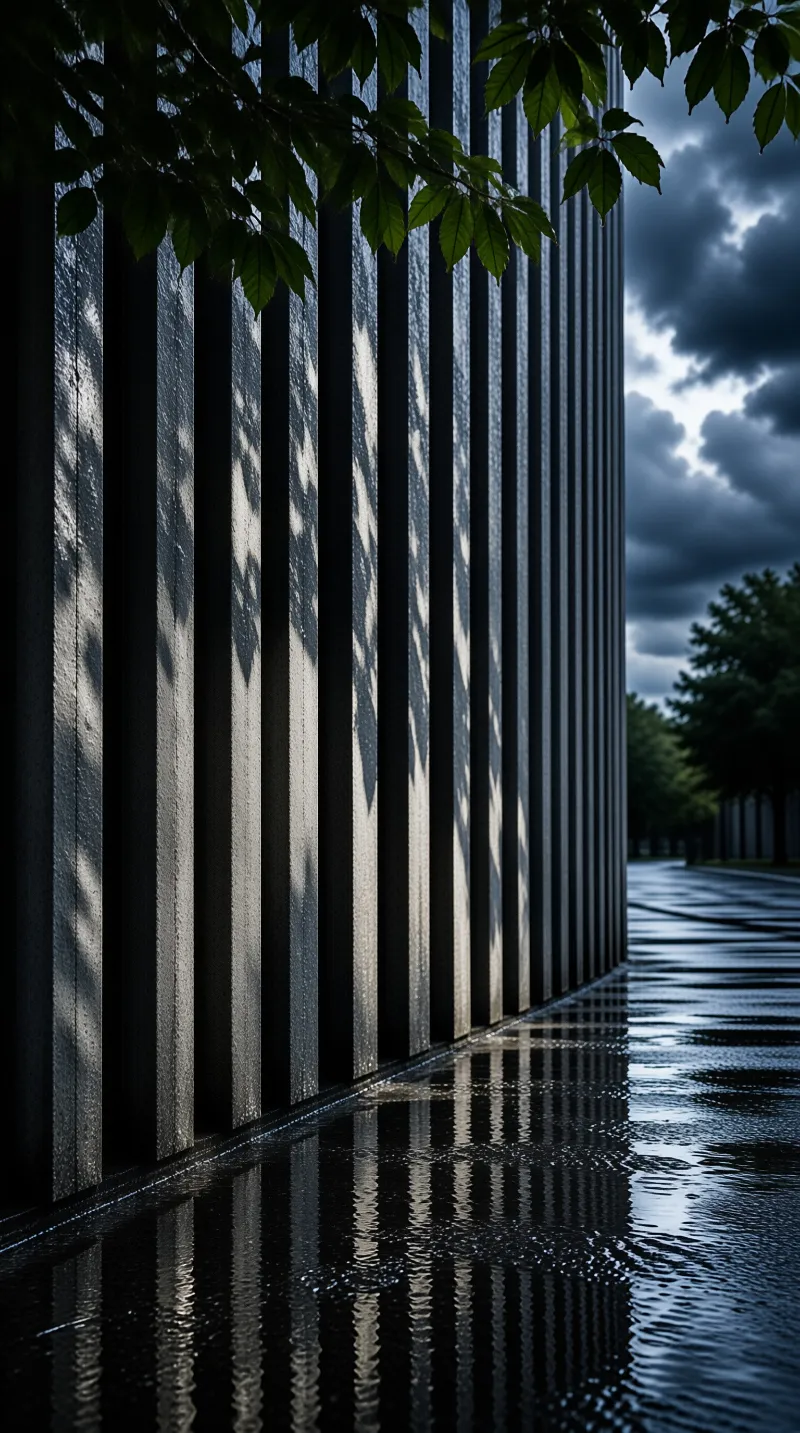 Dark vertical slats form a wall beside wet pavement reflecting the structure under a cloudy sky with hanging leaves.