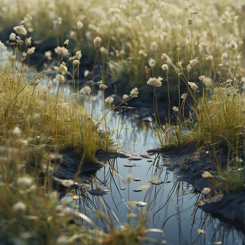 Fluffy cotton grass clusters rise above a narrow stream bed filled with calm reflective water.