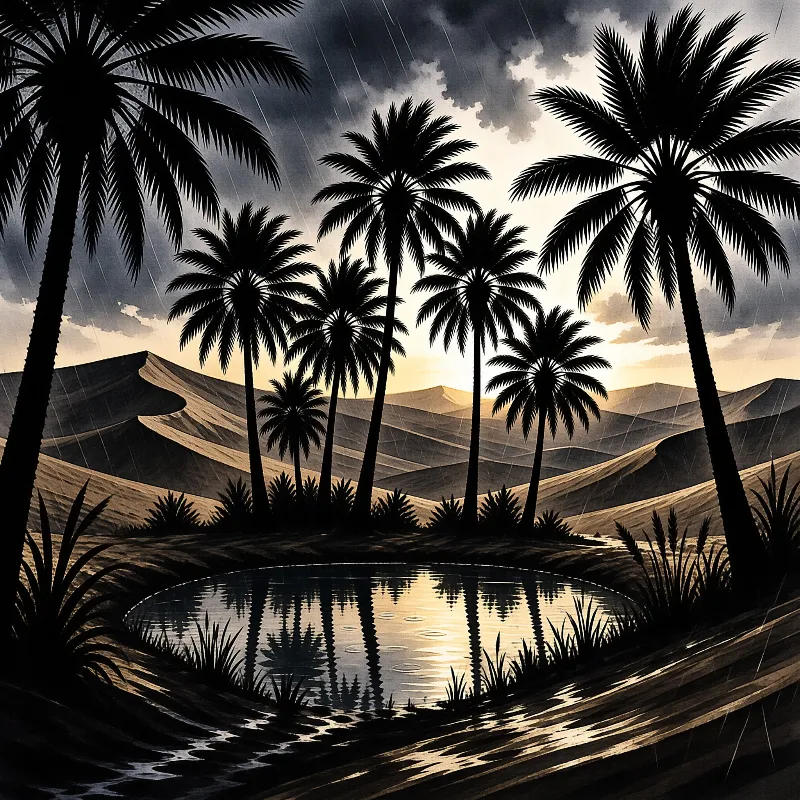 Silhouetted palm trees lean over a still desert pool as rain falls against a dusk sky, rendered in warm graphic tones.