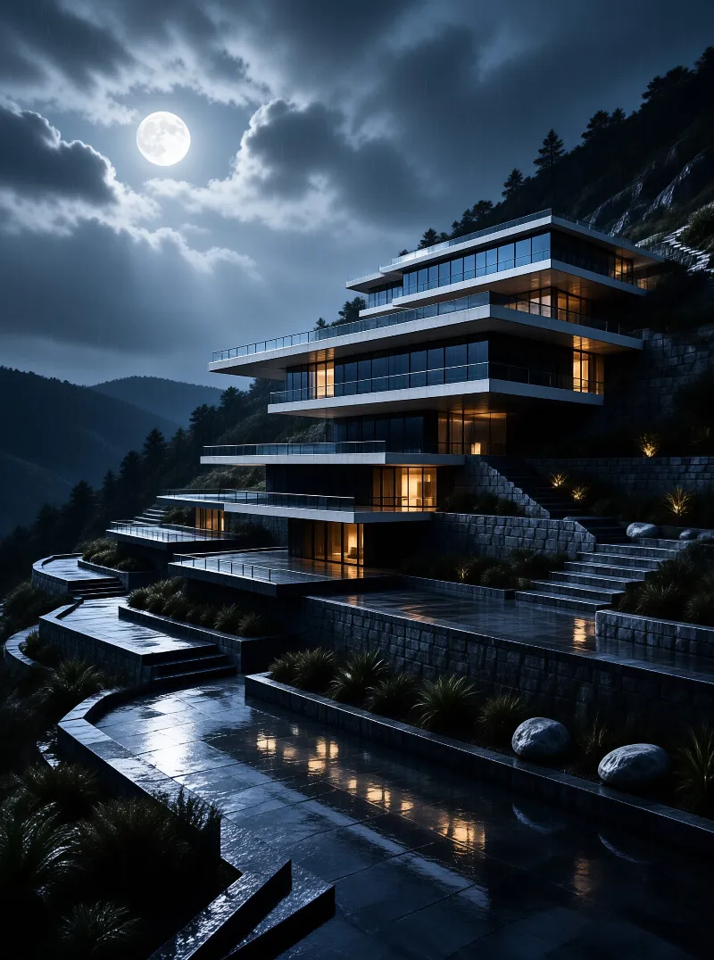 A tiered contemporary house with glowing windows clings to a dark hillside beneath a rain soaked moon.