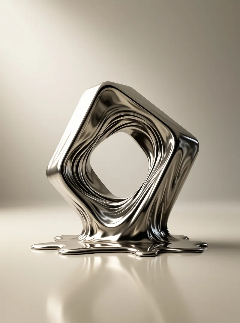 A liquid-looking metallic form with an open centre pools at its base, set against a smooth beige studio backdrop.