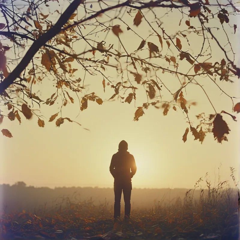 A silhouetted person in a hoodie stands in a field looking at the horizon, framed by hanging branches with dry leaves.