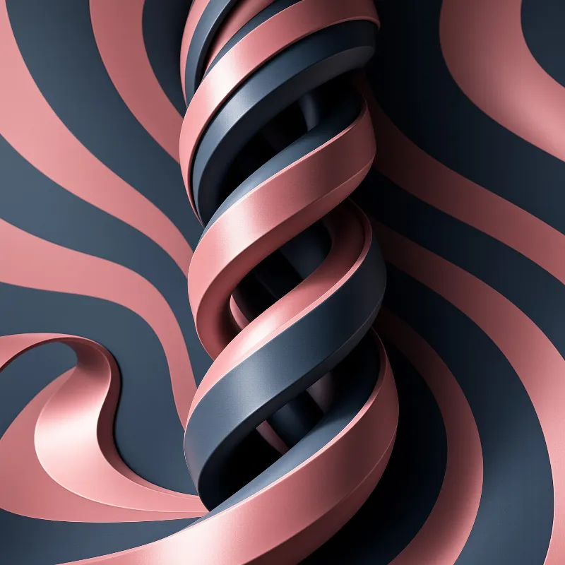 Pink and navy ribbons twist into a spiral with curved patterns radiating outward under soft lighting.