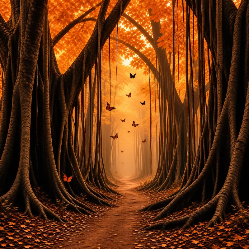Butterflies flutter along a misty forest path bathed in warm orange light beneath large trees.