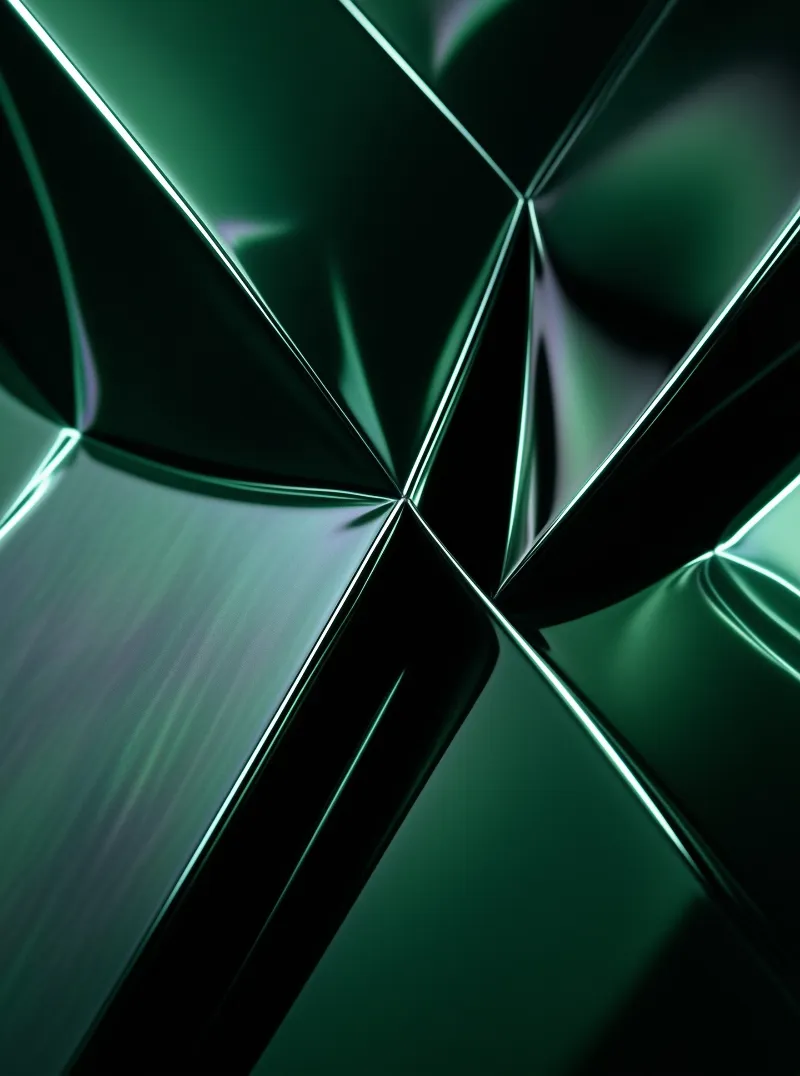 Reflective green surfaces form sharp geometric angles with bright white highlights along the intersecting edges.