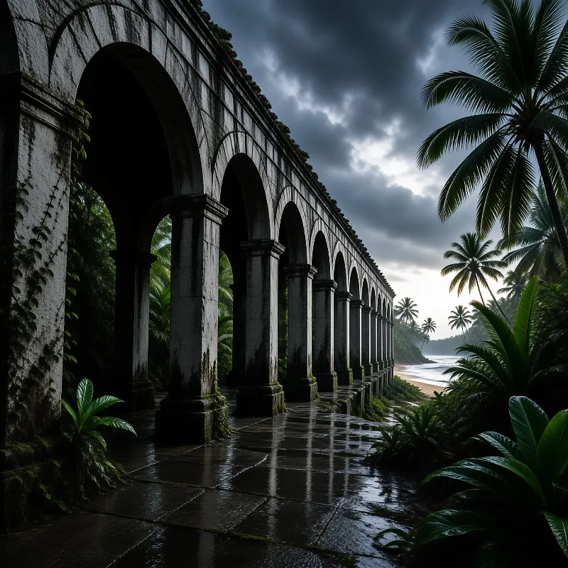 Mossy ancient stone arches line a wet stone path, with palm trees and coastline under heavy dark overcast skies to the right.