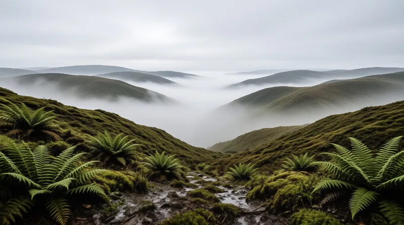Misty Green Hills with Ferns