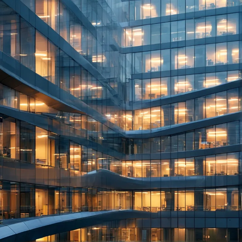 A multi story glass building facade glows with warm yellow interior lights against a cool blue exterior at dusk.