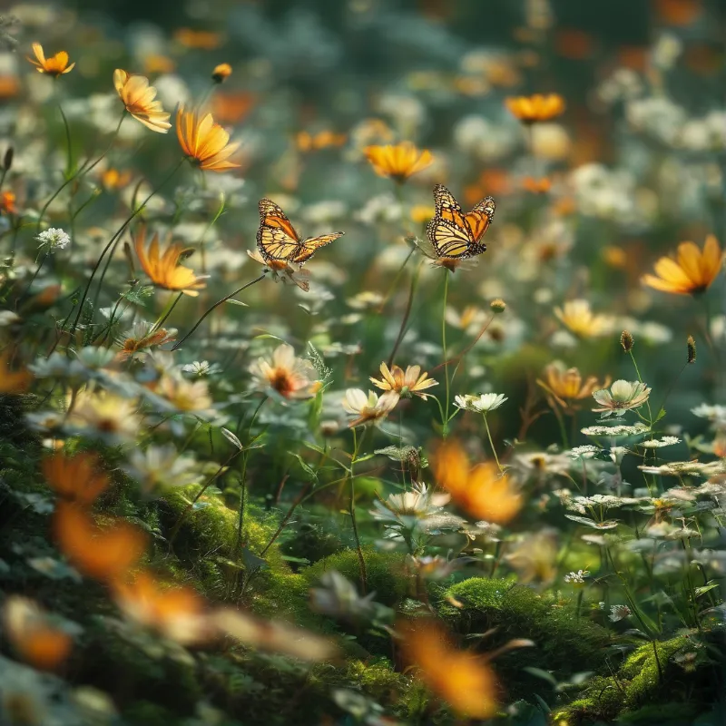 Two orange butterflies hover above a lush green meadow scattered with yellow wildflowers and mossy patches.