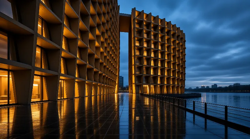 A curving concrete building of square cubicle bays glows amber beside still water as dusk clouds drift over the skyline.