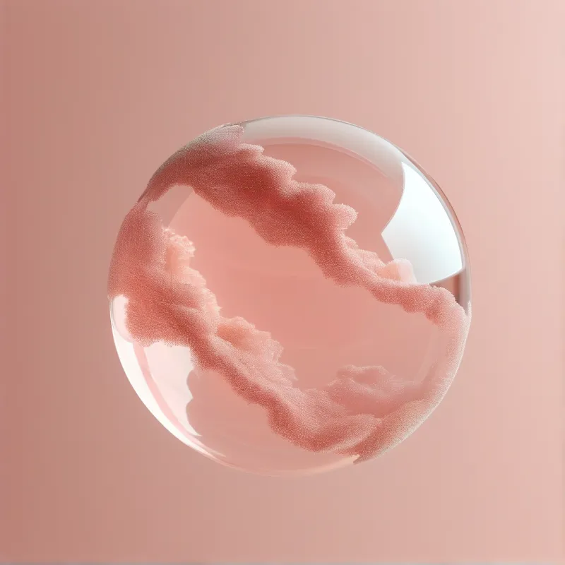 A transparent glass orb floats against a pink background while containing a textured pink substance that resembles clouds.