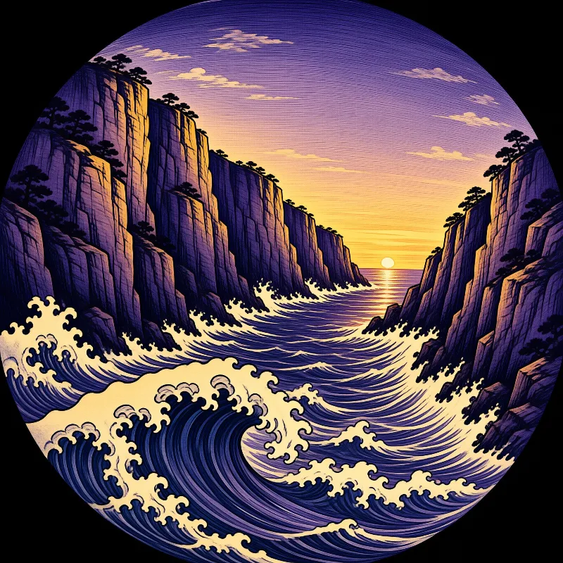 A stylized illustration shows a large blue wave with white foam curling in front of steep rocky cliffs under a purple and gold sky.