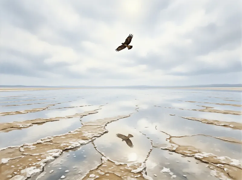 A bird soars above a cracked salt flat landscape with shallow water reflecting the cloudy sky overhead.