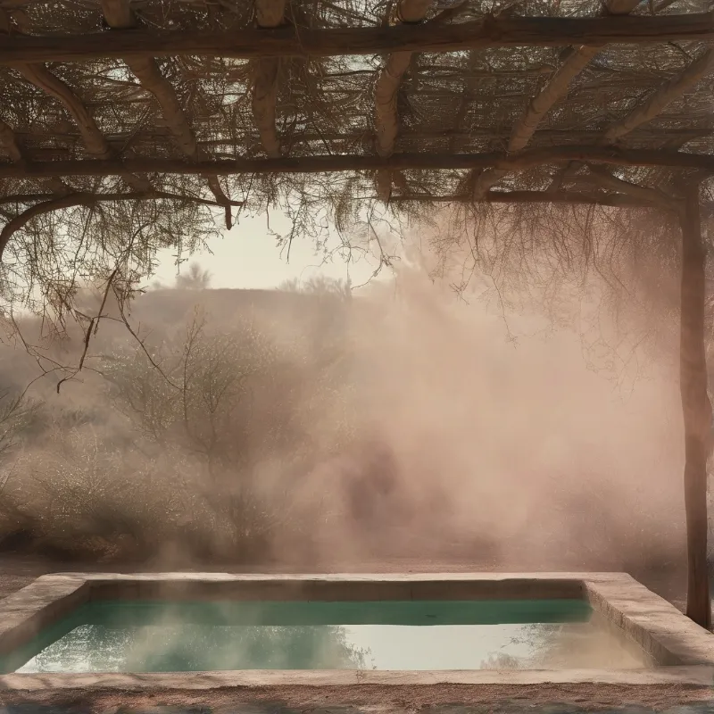 A stone pool with green water rests beneath a wooden pergola, enveloped by thick mist obscuring the distant landscape.