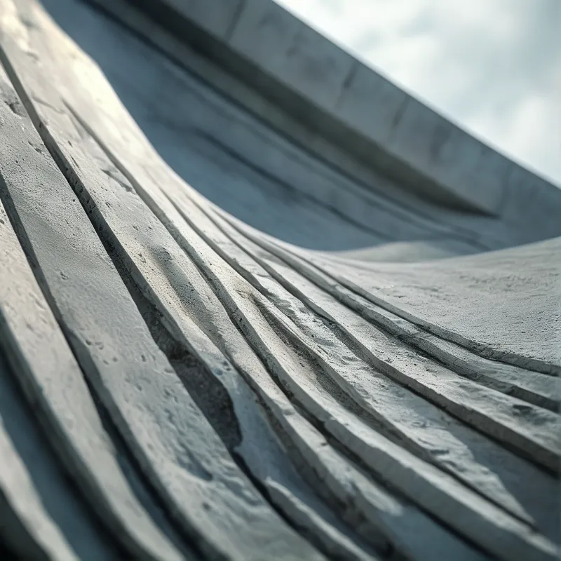 Low angle shot of a textured gray concrete structure curving upwards with visible horizontal seams and soft natural lighting.