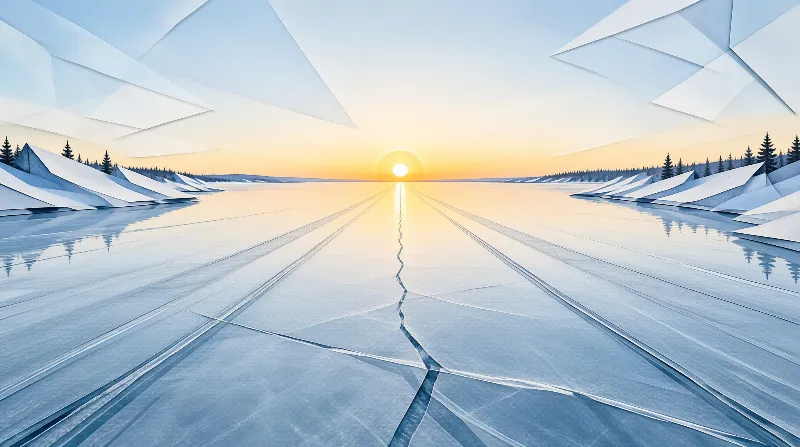 Angular ice formations border a vast frozen lake reflecting the warm glow of a low sun on the horizon.