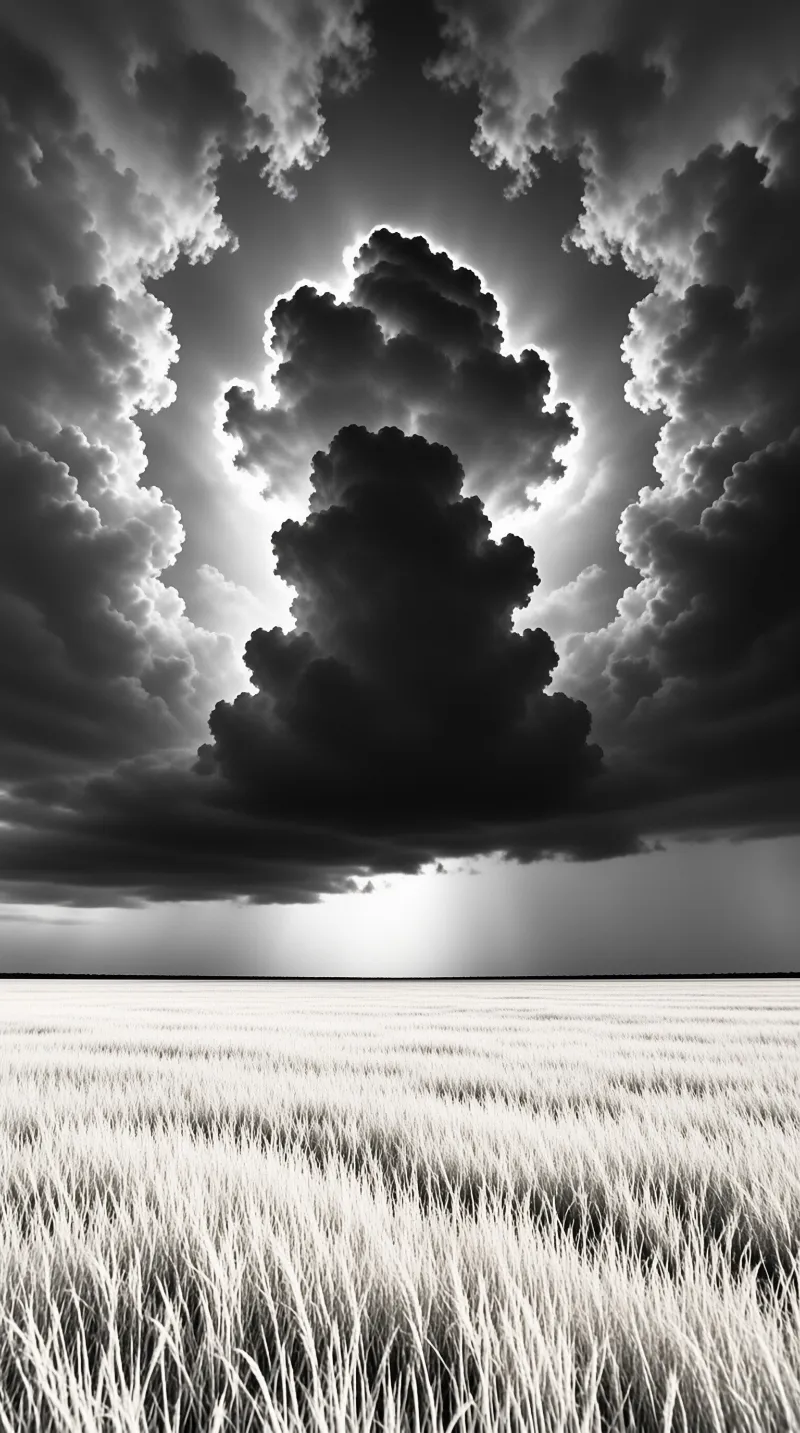 A massive dark cloud dominates the sky above an expansive field of tall grass in this black and white landscape view.