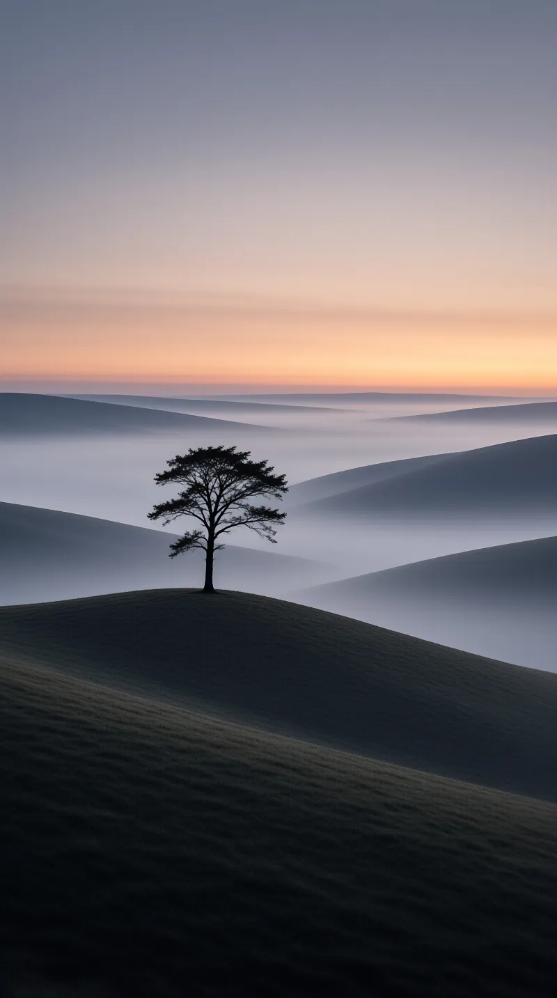 Solitary Tree on Misty Hills