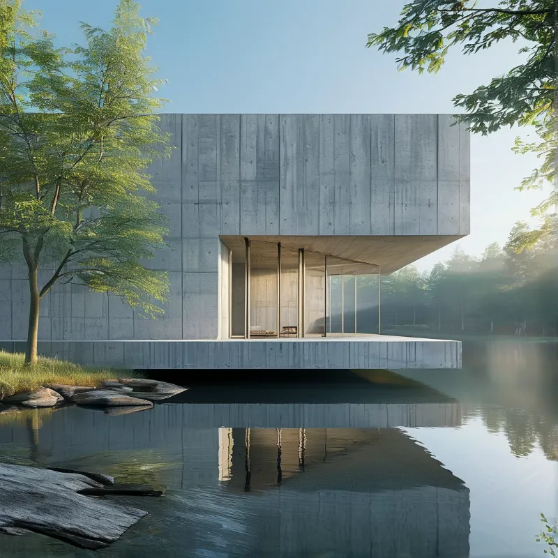 Minimalist concrete architecture extends over a still lake, mirroring its form in the water surrounded by green trees.