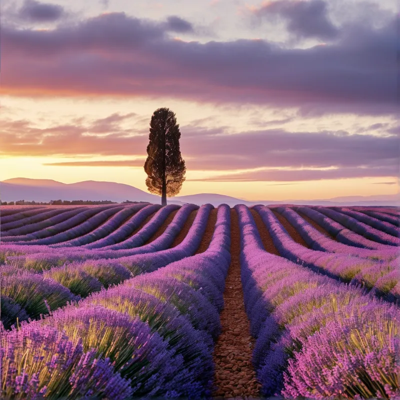 Tall rows of purple flowers lead toward a solitary tree under a glowing sky at dusk.