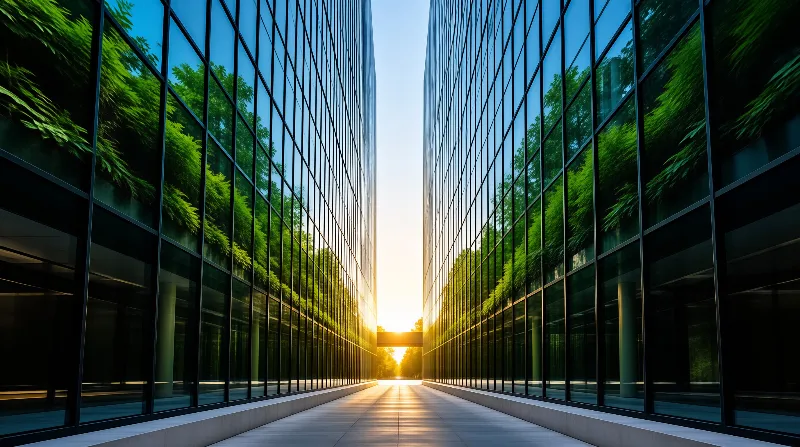 Two tall glass buildings line a walkway with reflections of green trees and bright sunlight at the end.