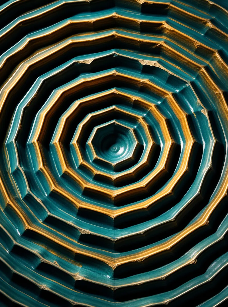 Repeating blue and gold hexagons create a deep tunnel effect with sharp shadows emphasizing the three dimensional texture.