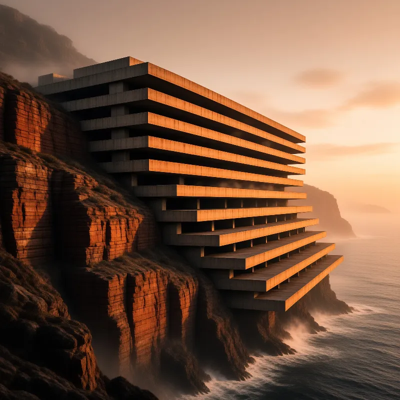 Stacked concrete balconies of a brutalist tower cascade down a rugged coastal cliff above the evening sea