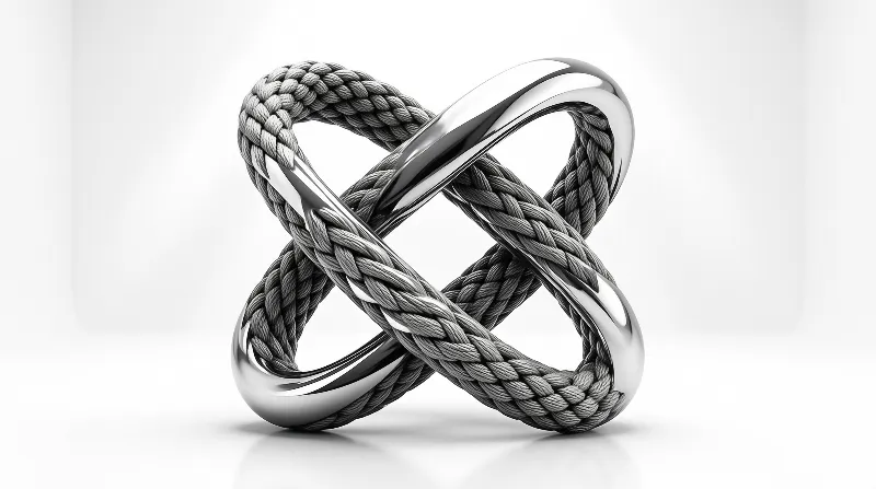 Two looping ribbons interlock into a knot, one polished mirror steel and the other tightly woven grey fiber cord.