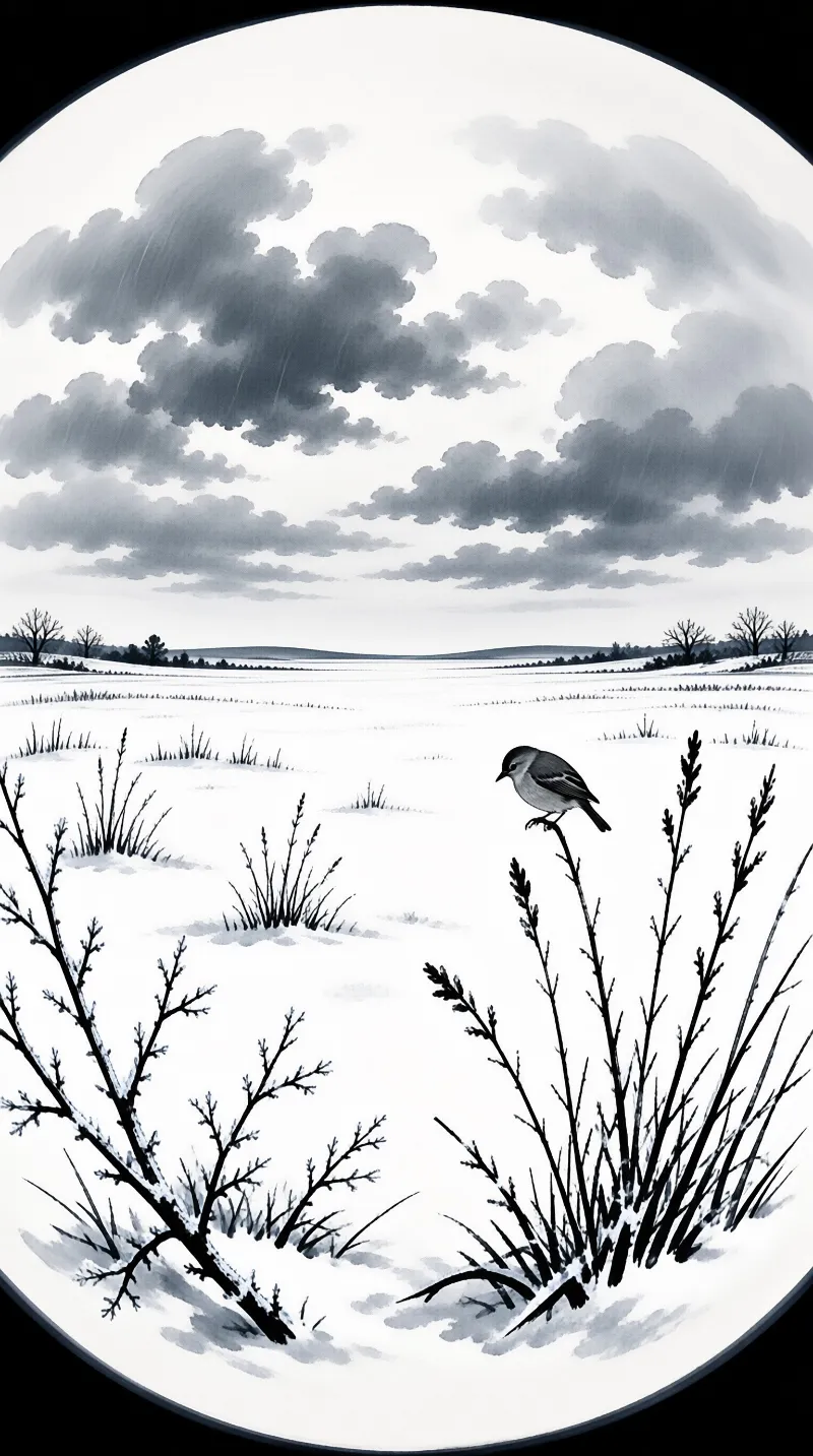 A small bird stands on a thin twig in a snowy landscape beneath heavy grey clouds.