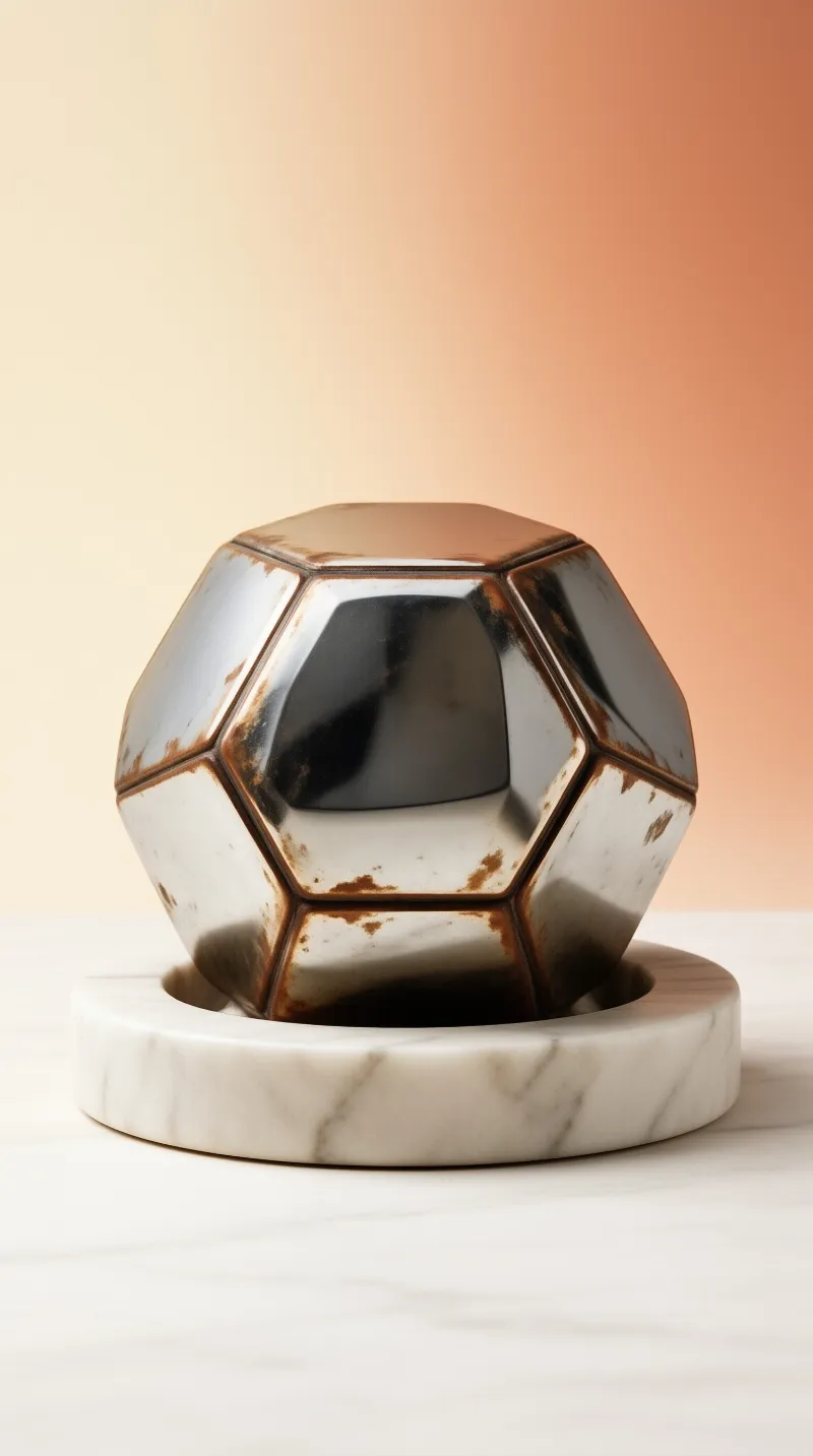 A polished panelled metal sphere with rusted seams sits inside a white marble ring against a soft peach glow.