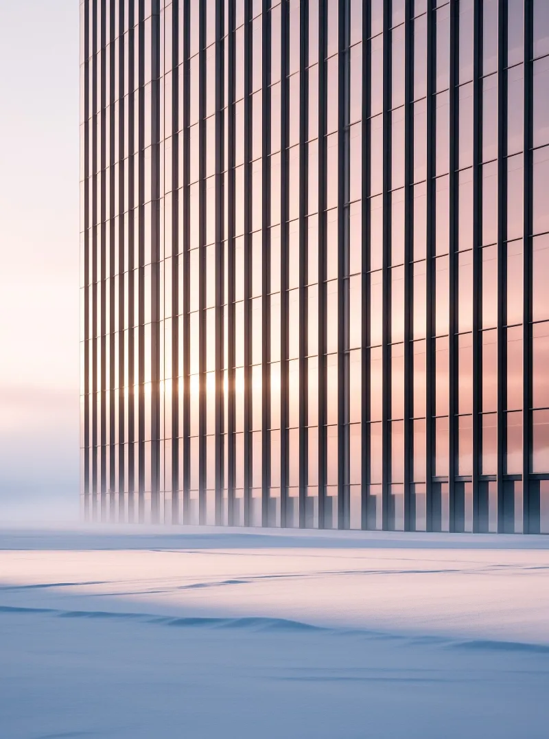 A modern building with vertical glass windows reflects a warm pink sunrise above a field of smooth white snow.