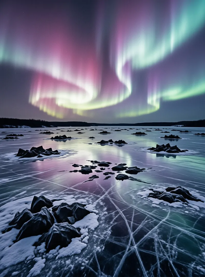 Pink and green northern lights swirl over fractured ice strewn with snow capped rocks on a still lake.