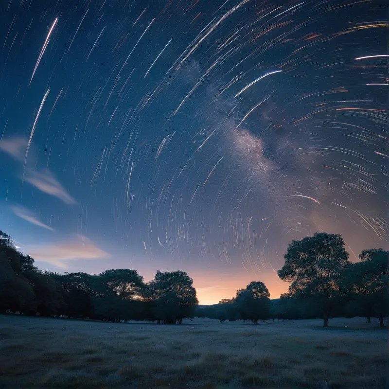 White star trails curve across a deep blue night sky above a line of dark trees and a grassy field.