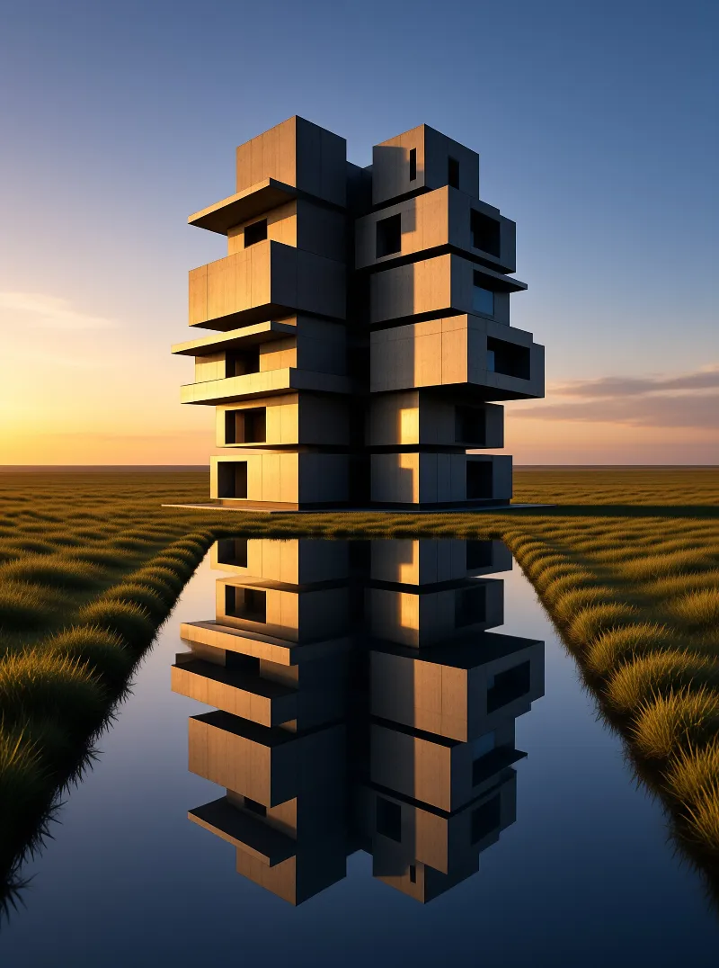 Offset cubic rooms form a solitary tower on a grassy plain, its warm sunset facade doubled in a still pool below