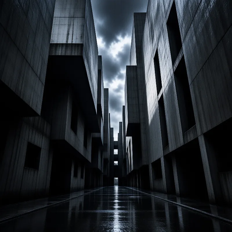 Tall angular concrete buildings flank a wet reflective walkway beneath a heavy dark cloudy sky creating a moody urban atmosphere.