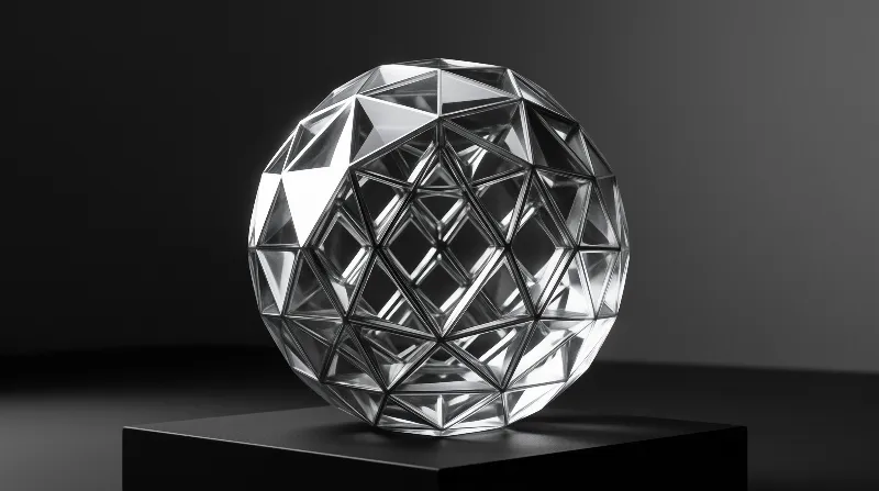 Transparent faceted geometric sphere rests on a black rectangular platform with dramatic directional lighting creating bright highlights and deep shadows across a dark gradient background.