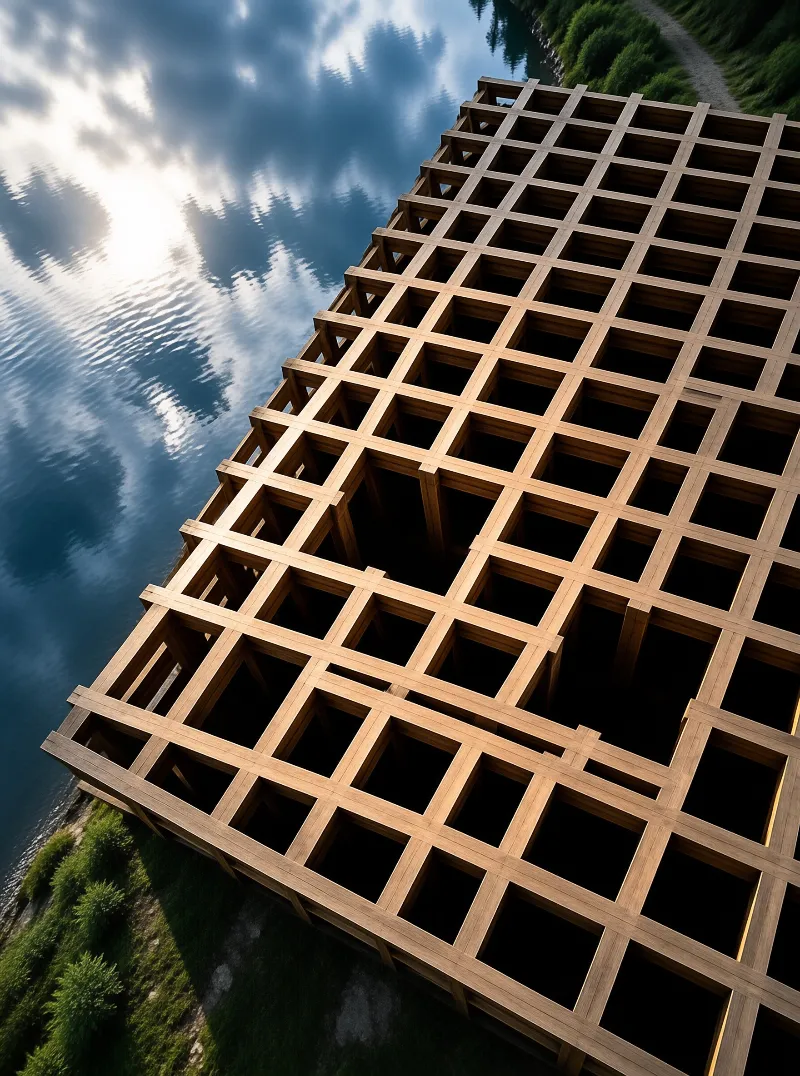 A wooden grid framework extends diagonally over a calm lake reflecting the blue sky and clouds near the grassy bank.
