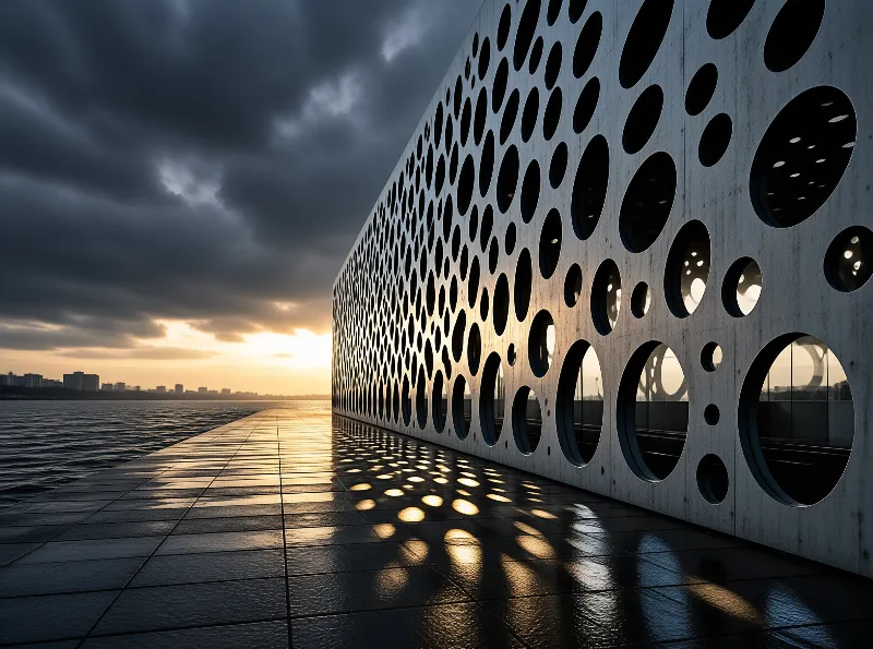 Circular holes in a long waterfront wall let low sunlight fall as glowing discs across a wet tiled promenade.