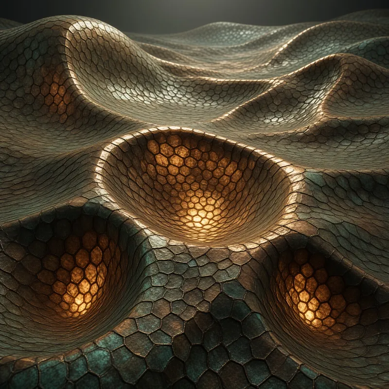 A wavy metallic surface marked with honeycomb cells has three sunken hollows that glow warm amber from their inner edges.