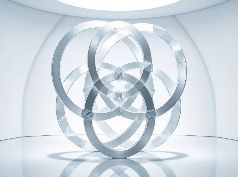 Interlocking silver rings create a geometric structure on a reflective floor inside a white minimalist room.