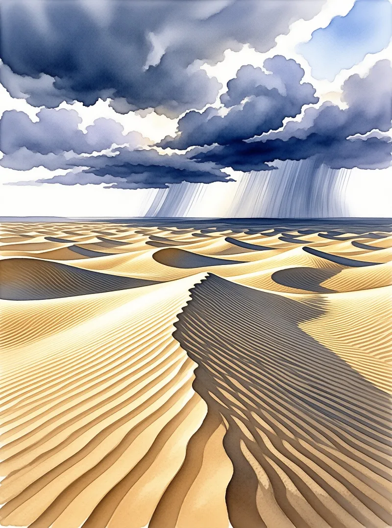 Rolling golden sand dunes stretch beneath heavy blue grey clouds streaked with falling rain in a painted landscape.