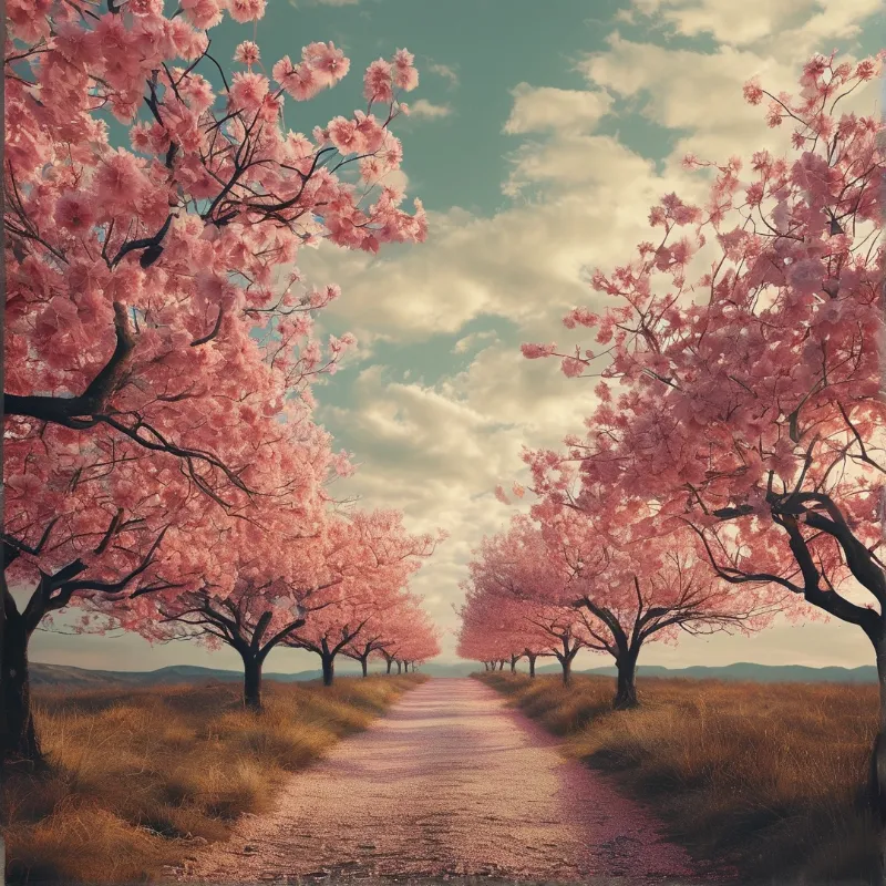Rows of pink flowering trees frame a dirt road stretching toward the horizon beneath a pastel cloudy sky.