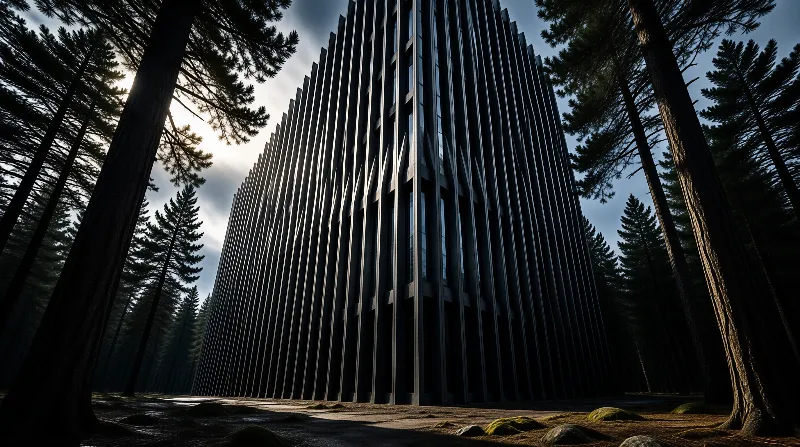 A dark monolithic building clad in tall vertical fins stands framed by pine trunks under a moody overcast sky.