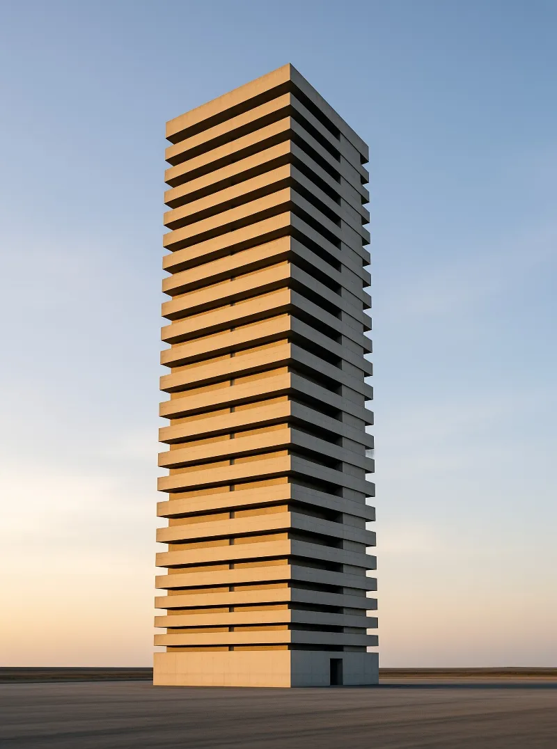 A ribbed skyscraper tower stands on an empty concrete plaza under a gradient blue sky with warm sunlight.