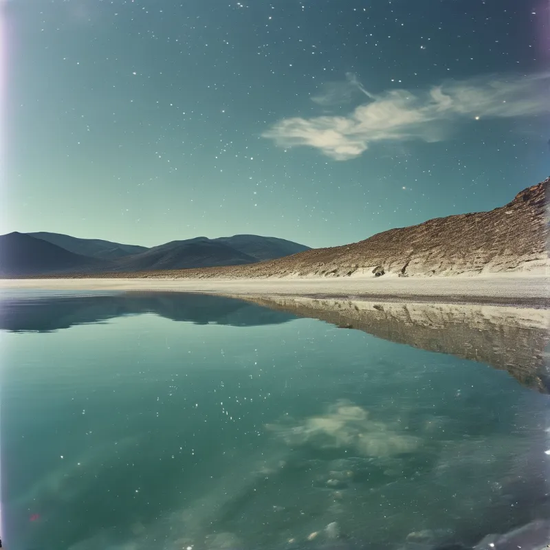 Calm water reflects arid hills and the star-filled sky above, creating a symmetrical teal and brown landscape.